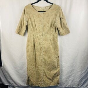 Vintage‎ Eddie Bower Tan Floral Cotton Corduroy Snap Front Midi Dress Small